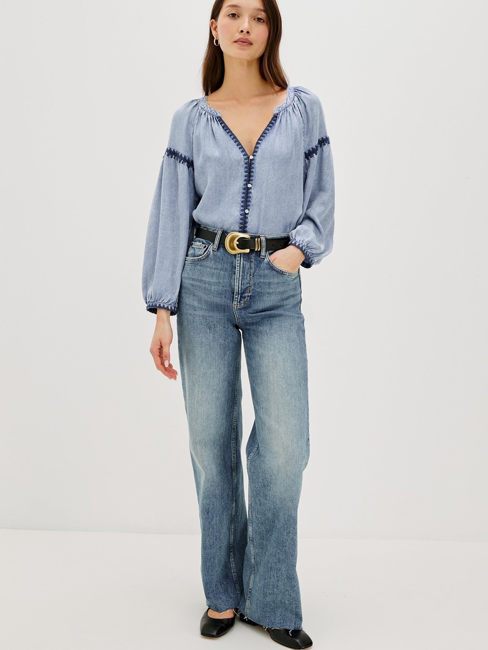 Rails Blue Denim Chambray Long Sleeve Flowy Blouse - Embroidery